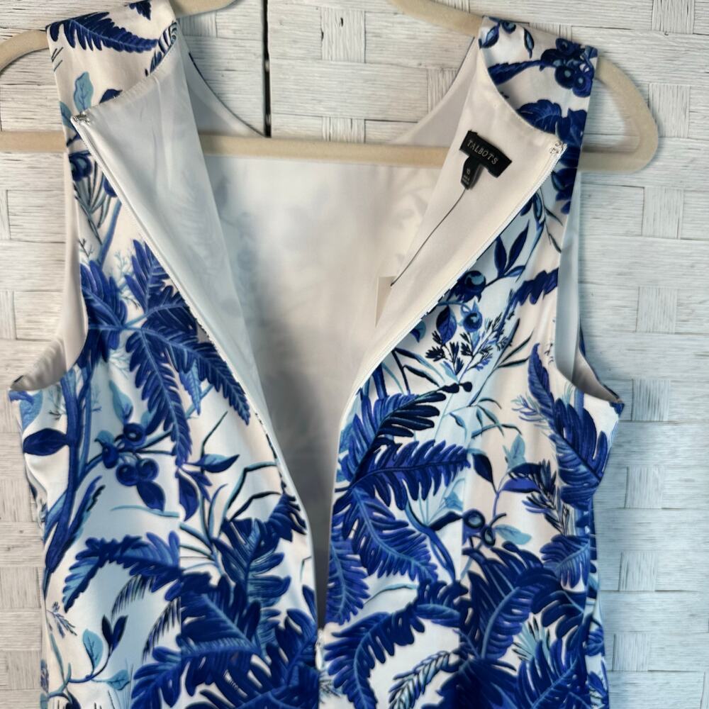 Talbots tropical sleeveless dress ruffle hem blue & white body Khan travel ￼ - Picture 3 of 14
